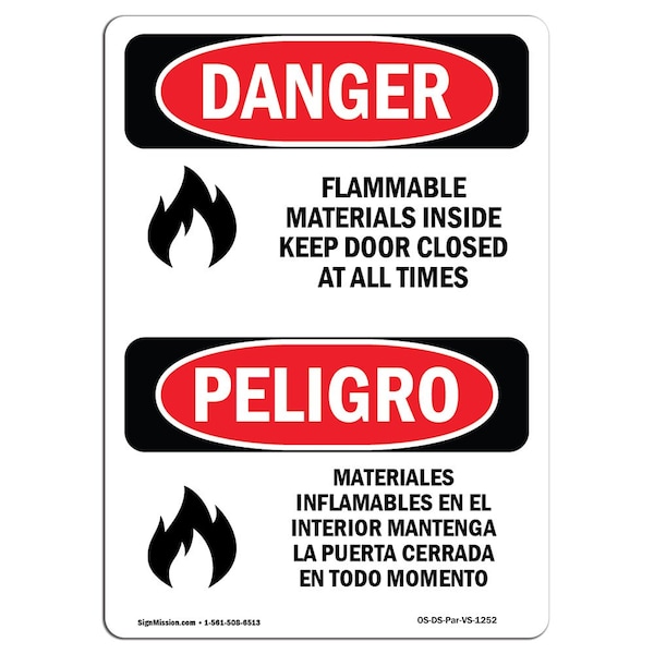 Safety Sign, OSHA Danger, 5" Height, Flammable Materials Inside Spanish, 10PK